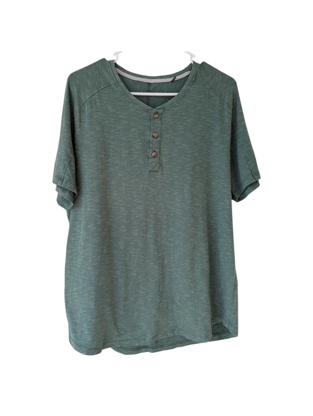 Toad&Co Tempo L Short Sleeve Henley Shirt Green Heather Organic Blend Soft 22x29
